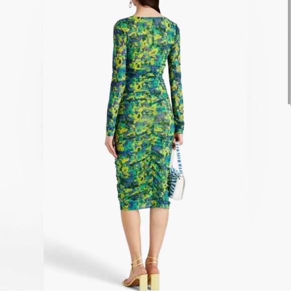 Ganni Ruched Printed Long Sleeve Stretch-Mesh Midi Dress - Picture 2 of 12